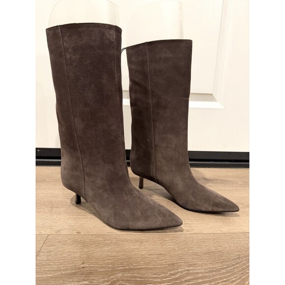 Zara Wide Leg Split Suede Leather Stiletto Heel Boots Brown Women US 7.5 EU 38 - Picture 1 of 11